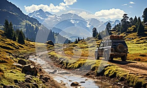 Jeep Driving on Dirt Road in Mountains