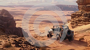 Jeep Driving Down Desert Dirt Road. Generative AI.