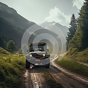 a jeep driving down a dirt road