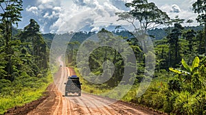 Jeep Driving Through Jungle Dirt Road