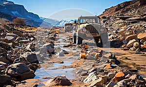 Jeep Driving on Rocky Road Near Mountain