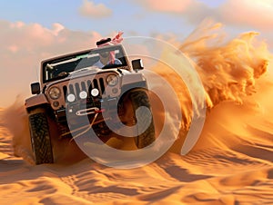 Jeep Driving Through the Sand in the Desert. Generative AI.