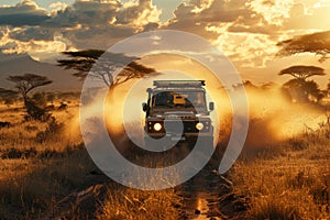 Jeep Driving Through Wild African Terrain. Generative AI