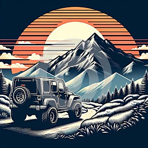 A Jeep on its journey with mountain, at sunset, clouds, aesthetic, car, tree, wildplants, vector art, t-shirt design, logo photo