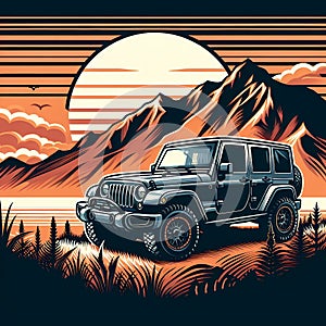 A Jeep with mountain in sunset, wildplants, clouds, car, aesthetic, vector art, t-shirt art, logo design photo