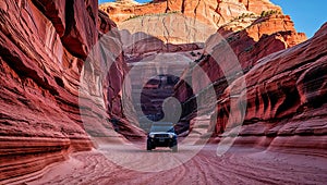 Jeep navigating red canyon with towering rock formations photo
