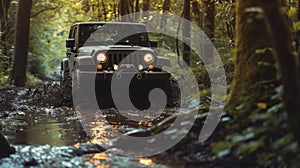 Jeep off-roading through the forest in rainy wet weather through mud and high levels of water run-off from the rain photo