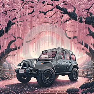 A jeep parked under a canopy of cherry blossoms, in full bloom, beauty, fleeting moments, adventure, car, logo art, ukiyo style photo