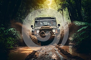 Jeep Safari 4x4 SUV Conquering Muddy Jungle Road. AI