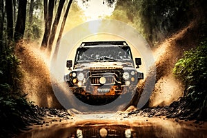 Jeep Safari 4x4 SUV Conquering Muddy Jungle Road. AI
