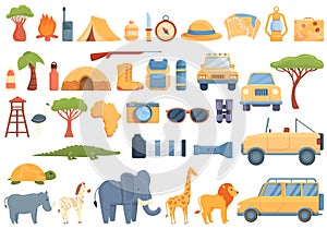 Jeep safari icons set, cartoon style