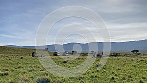 Jeep safari. Lunch tourists in the crater of the Ngorongoro National Park. Amazing landscape photo