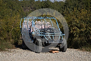Jeep safari vehicles for tourists. Open minibuses