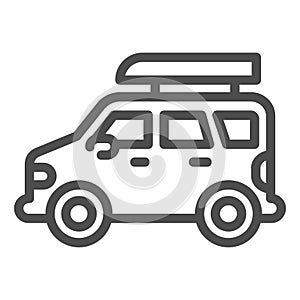 Jeep travel line icon, Summer family leisure concept, Jeep with boat sign on white background, Adventure traveler truck