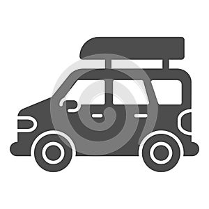Jeep travel solid icon, Summer family leisure concept, Jeep with boat sign on white background, Adventure traveler truck