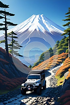 A jeep travelling a rugged mountain path, with Mount Fuji towering Majestically, logo, t-shirt, wildplants photo