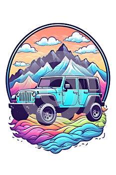 A Jeep with waves, mountain and clouds in colorful, logo, t-shirt design, white background, artwork