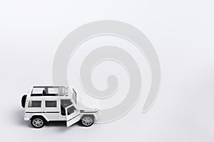 Jeep white car, side view on a white background, place for text