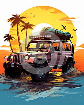 Jeep Wrangler at the Beach at Sunset T-Shirt Design