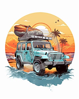 Jeep Wrangler at the Beach at Sunset T-Shirt Design