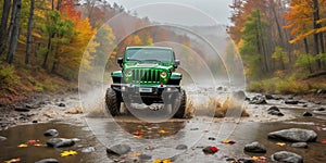 jeep wrangler sahara off road cross-country in forest