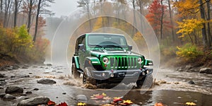 jeep wrangler sahara off road cross-country in forest