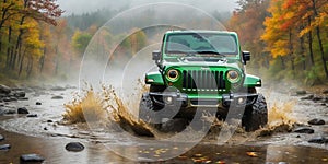 jeep wrangler sahara off road cross-country in forest