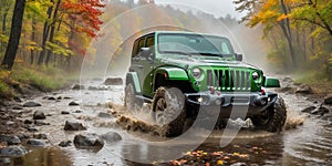 jeep wrangler sahara off road cross-country in forest