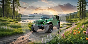 jeep wrangler sahara off road in spring wetland