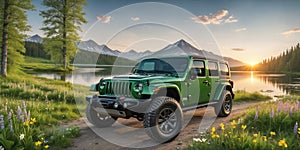 jeep wrangler sahara off road in spring wetland