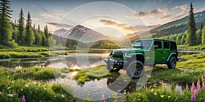 jeep wrangler sahara off road in spring wetland