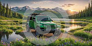 jeep wrangler sahara off road in spring wetland