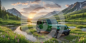 jeep wrangler sahara off road in spring wetland