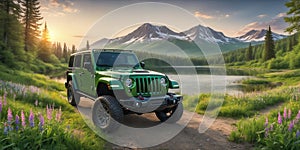 jeep wrangler sahara off road in spring wetland