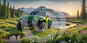 jeep wrangler sahara off road in spring wetland