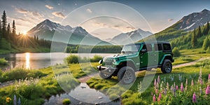 jeep wrangler sahara off road in spring wetland