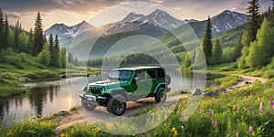 jeep wrangler sahara off road in spring wetland