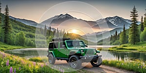 jeep wrangler sahara off road in spring wetland