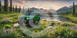 jeep wrangler sahara off road in spring wetland