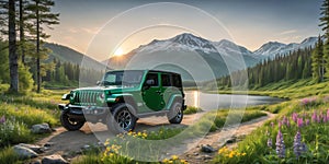 jeep wrangler sahara off road in spring wetland