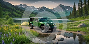 jeep wrangler sahara off road in spring wetland