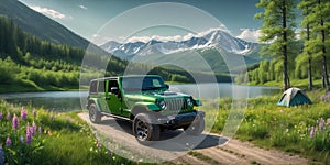 jeep wrangler sahara off road in spring wetland