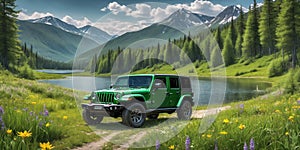 jeep wrangler sahara off road in spring wetland