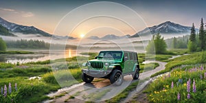 jeep wrangler sahara off road in spring wetland