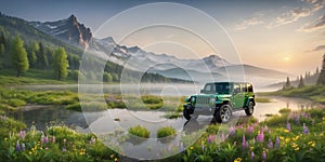 jeep wrangler sahara off road in spring wetland