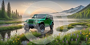 jeep wrangler sahara off road in spring wetland