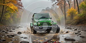 jeep wrangler sahara off road in spring wetland