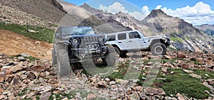 Jeep Wrangler Unlimited and Jeep JK cars on Yankee Boy Mine mountains Ouray, Colorado