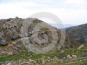 Jeeps in mountain path, Israel photo