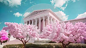 The Jefferson Memorial in Washington DC, USA with cherry blossoms. A vintage supreme court outside view with a blue sky, AI
